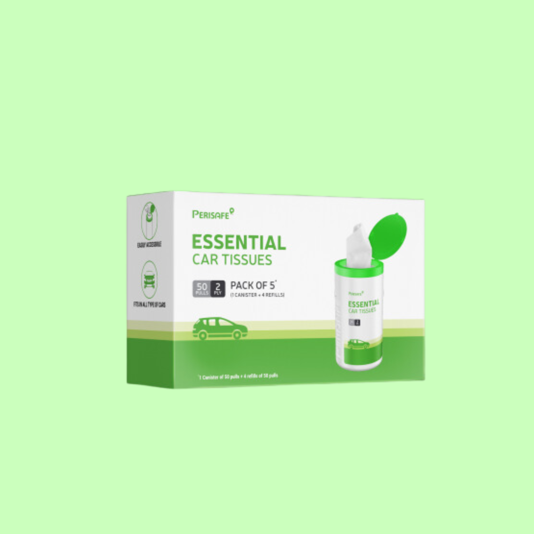 _Gift_Perisafe Essential Car Tissues Pack of 5 (50 pulls 2 ply–250 pulls) | Fits in all type of Car Cup Holder| Easily Accessible |Soft, Eco friendly & Chemical free |1 Canister of 50 pulls + 4 refill